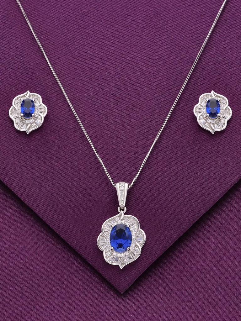 Sterling Blooming Blues Pave Pendant With Chain & Earrings Set : PSCP118-S-NA