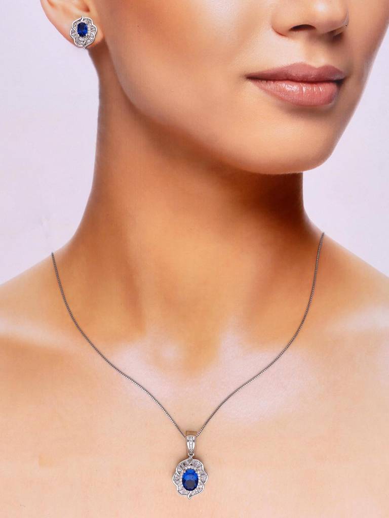 Sterling Blooming Blues Pave Pendant With Chain & Earrings Set : PSCP118-S-NA