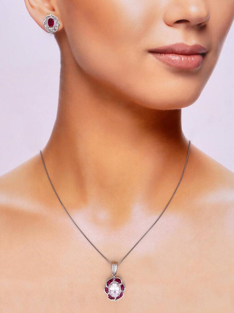 Sterling Blooming Blues Pink Pendant With Chain & Earrings Set : PSCP120-S-NA
