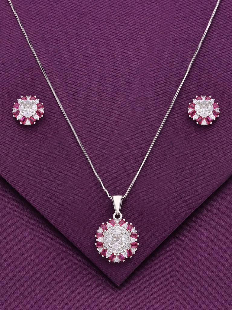 Sterling Sparkling Sun Pink Pave Pendant With Chain & Earrings Set : PSCP122-S-NA