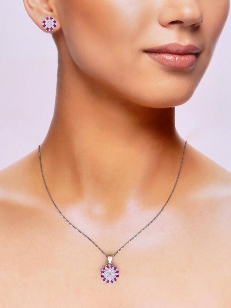 Sterling Sparkling Sun Pink Pave Pendant With Chain & Earrings Set : PSCP122-S-NA