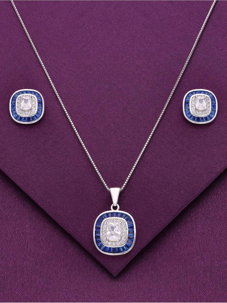 Sterling Pink Zircon Rectangle Pendant With Chain & Earrings Set : PSCP128-S-NA