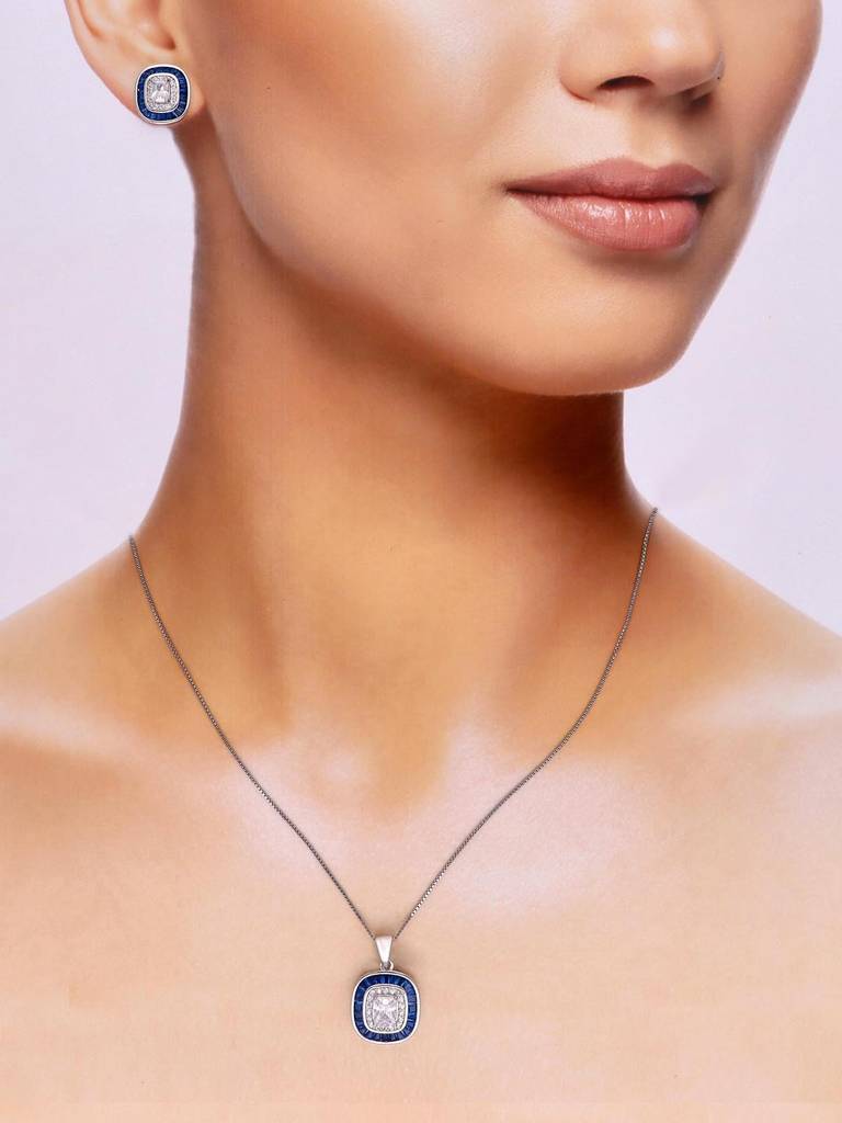 Sterling Pink Zircon Rectangle Pendant With Chain & Earrings Set : PSCP128-S-NA