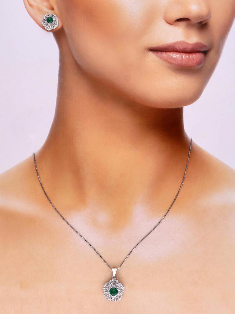 Sterling Zircon Floral Pendant With Chain & Earrings Set : PSCP130-S-NA