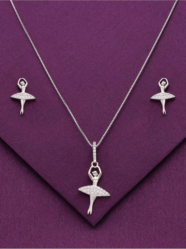 Sterling Bejeweled Ballet Pendant With Chain & Earrings Set : PSCP136-S-NA