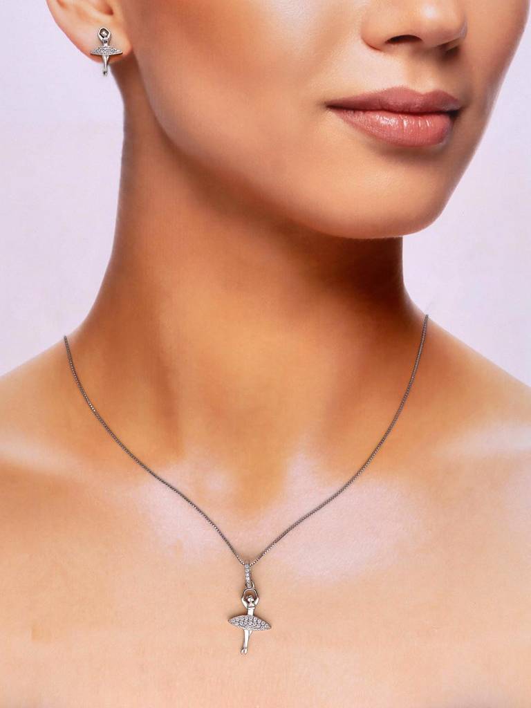 Sterling Bejeweled Ballet Pendant With Chain & Earrings Set : PSCP136-S-NA