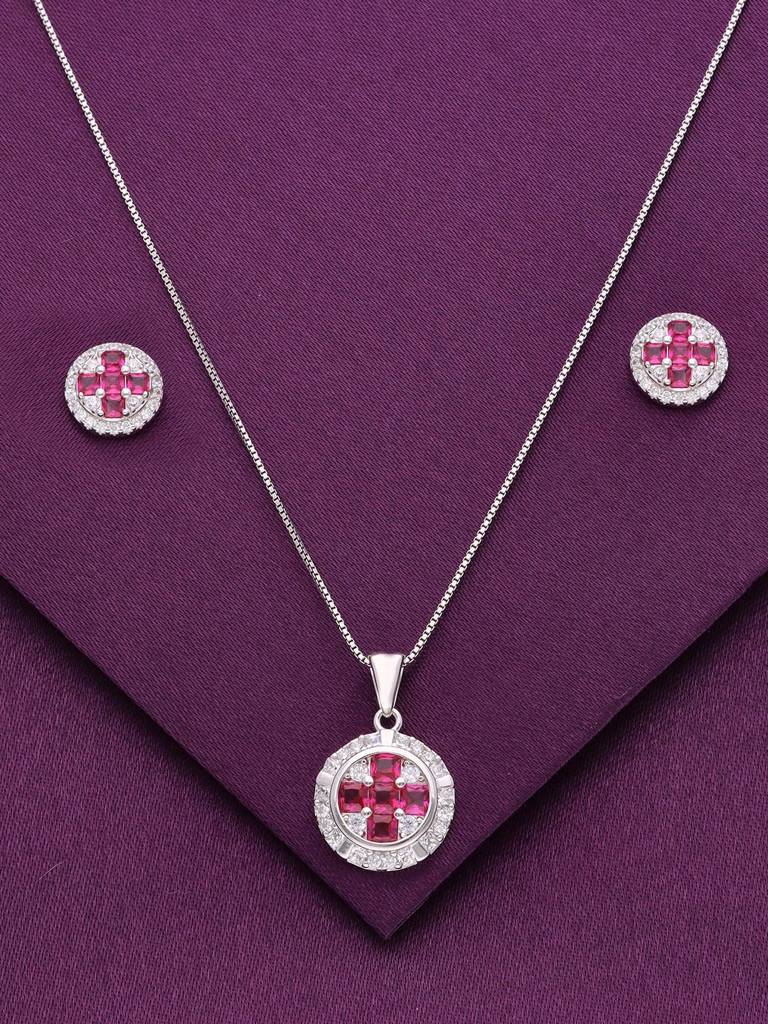 Sterling Stylish Pink & White Zircon Pendant With Chain & Earrings Set : PSCP144-S-NA