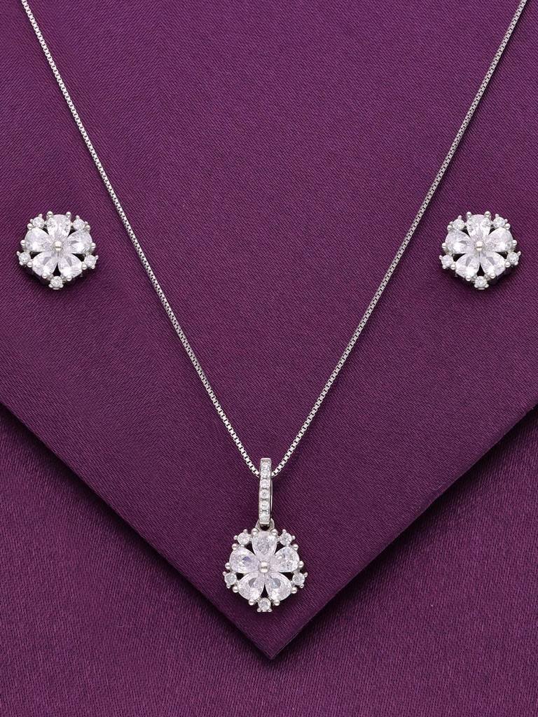 Sterling Crystal Cut Floral Pendant With Chain & Earrings Set : PSCP154-S-NA