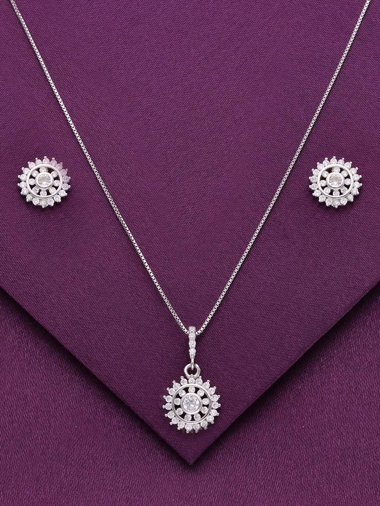 Sterling Shining Sun Flare Zircon Pendant With Chain & Earrings Set : PSCP159-S-NA