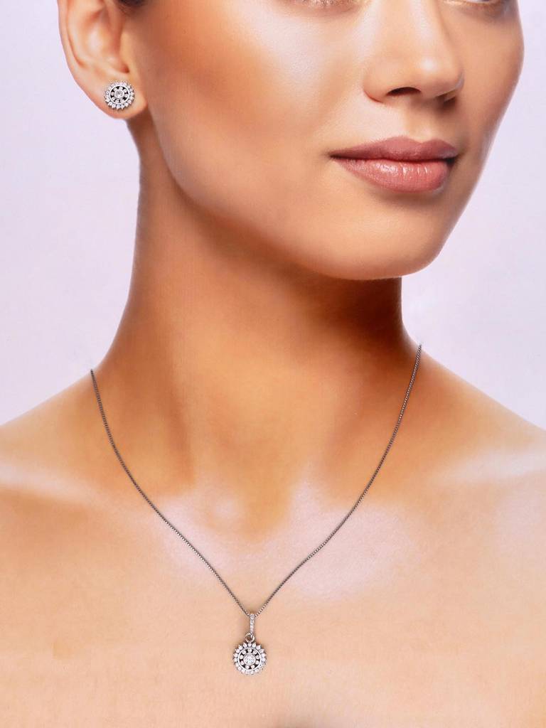 Sterling Shining Sun Flare Zircon Pendant With Chain & Earrings Set : PSCP159-S-NA