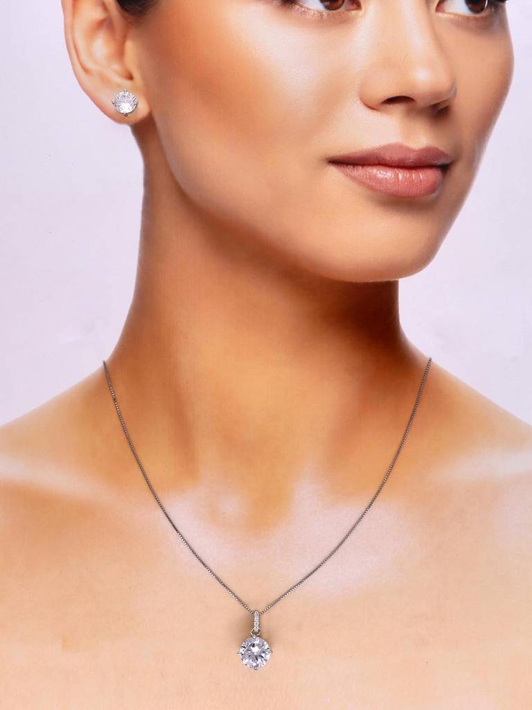 Sterling Simply Zircons Pendant With Chain & Earrings Set : PSCP163-S-NA