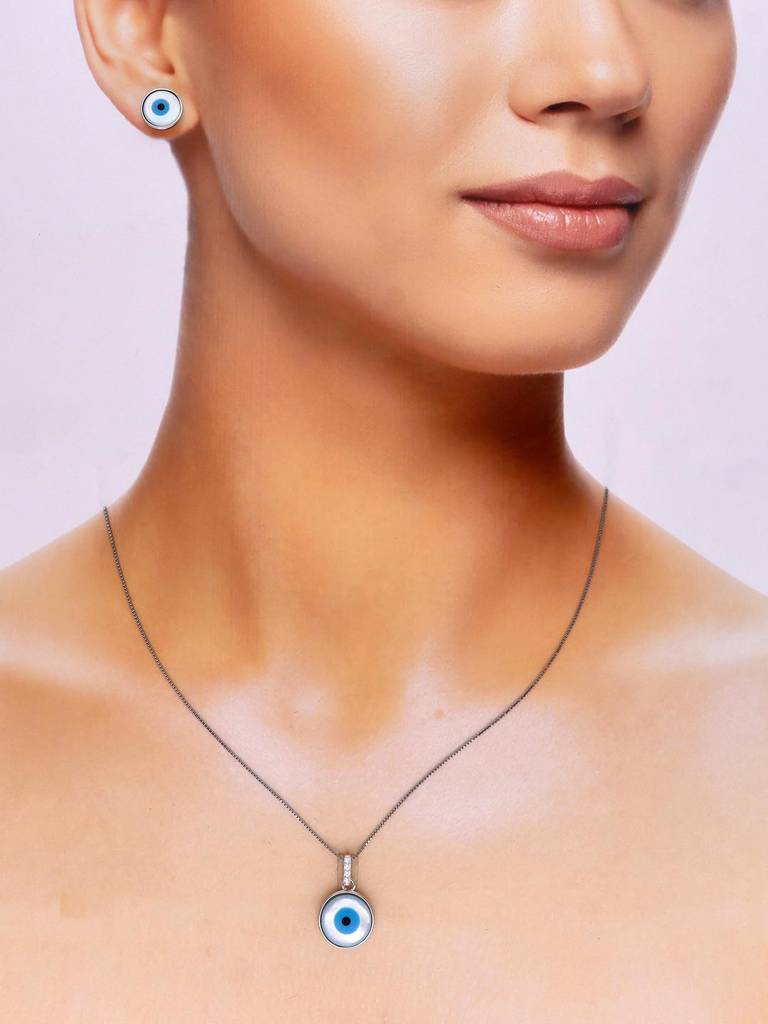 Sterling Simply Evil Eye Pendant With Chain & Earrings Set : PSCP169-S-NA