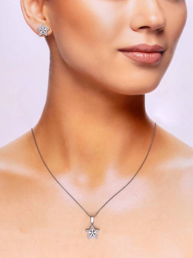 Sterling Twinkling Starry Crystals Pendant With Chain & Earrings Set : PSCP181-S-NA