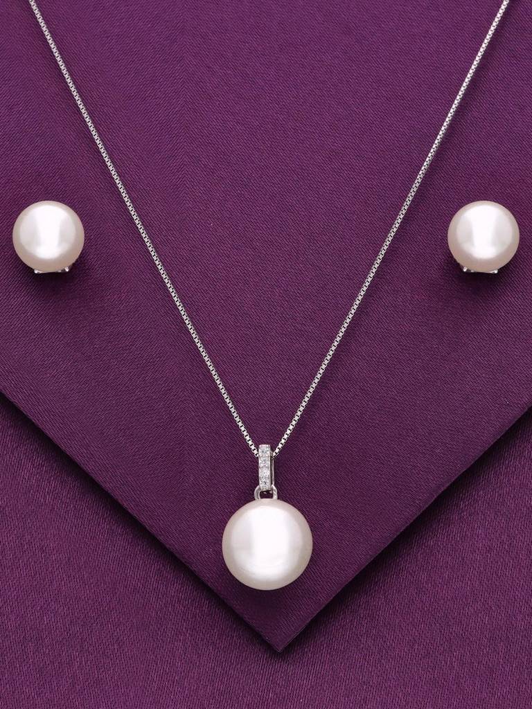 Sterling Royal Shimmer Pearl Pendant With Chain & Earrings Set : PSCP186-S-NA