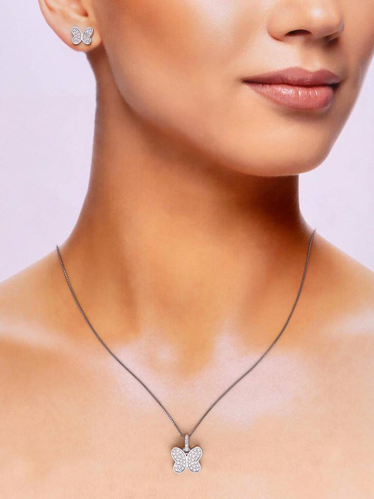 Sterling Crystal Butterfly Pendant With Chain & Earrings Set : PSCP196-S-NA