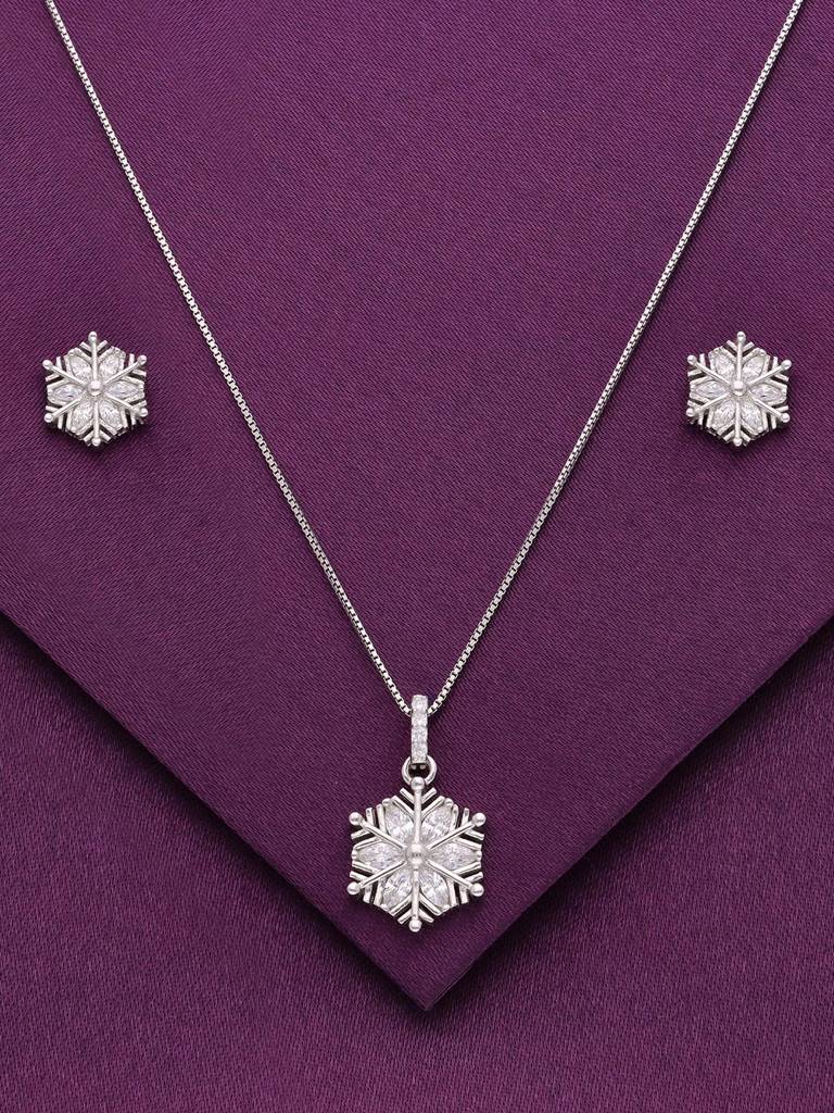 Sterling Snowflake Zircon Pendant With Chain & Earrings Set : PSCP206-S-NA