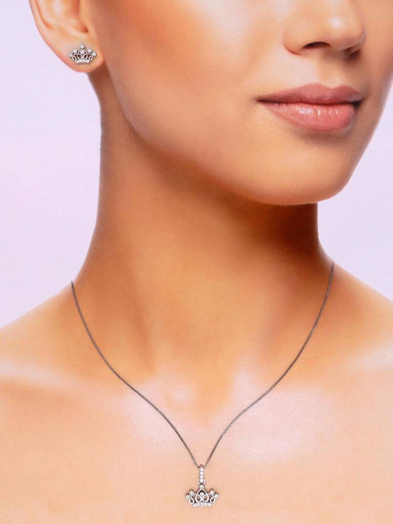 Sterling Crystal Crown Zircon Pendant With Chain & Earrings Set : PSCP208-S-NA