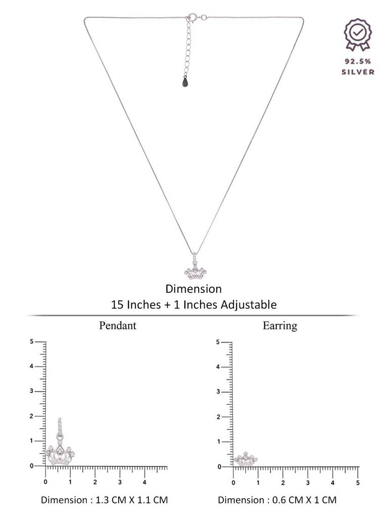 Sterling Crystal Crown Zircon Pendant With Chain & Earrings Set : PSCP208-S-NA