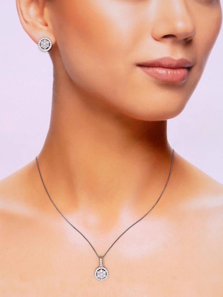 Sterling Round Cut Zircon Pendant With Chain & Earrings Set : PSCP210-S-NA