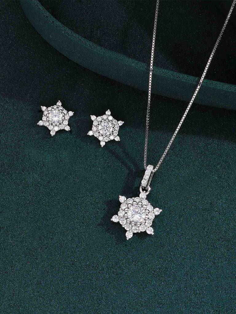 925 Silver Snowflake Pendant With Chain & Earrings Set : PSCP304-S-NA