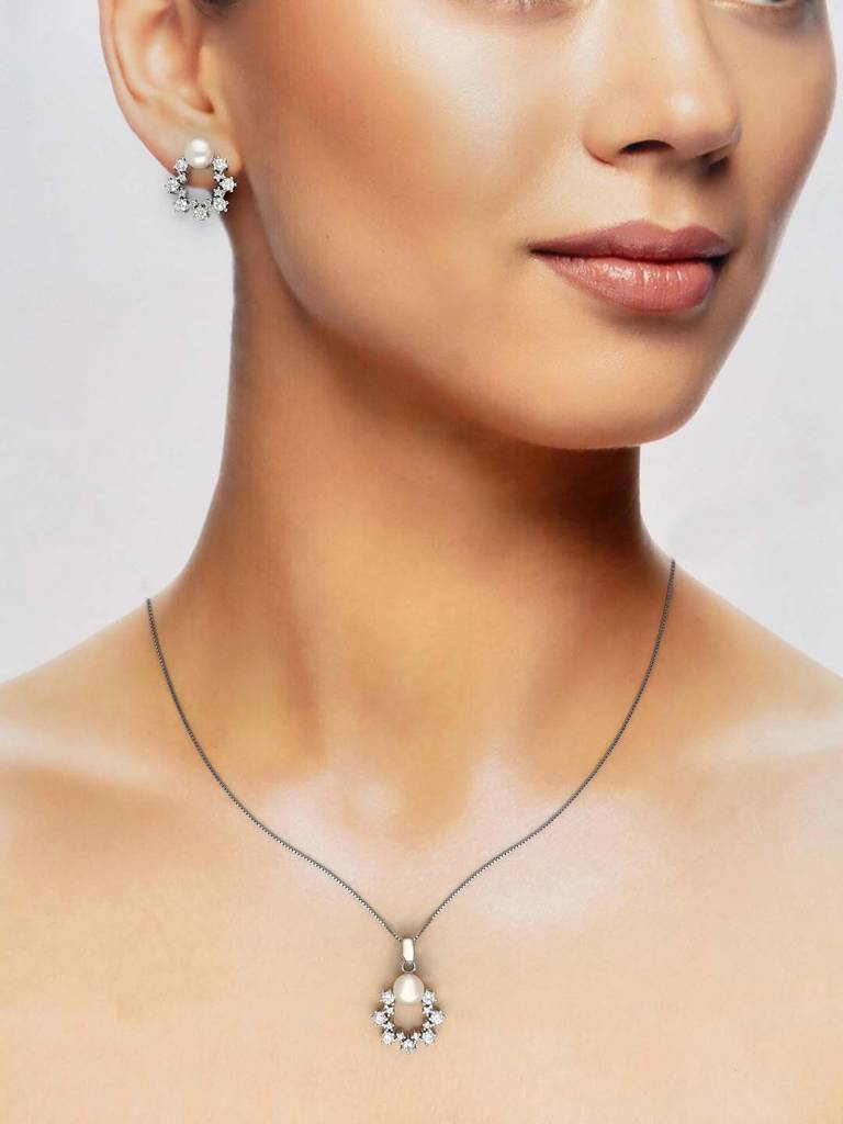 Sterling Zircon Crown Pearl Pendant With Chain & Earrings Set : PSCP66-S-NA