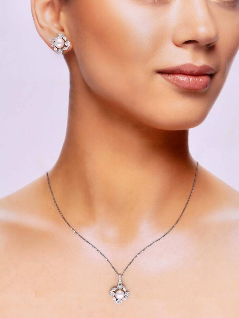 Sterling Diamond Hearts & Pearl Pendant With Chain & Earrings Set : PSCP72-S-NA