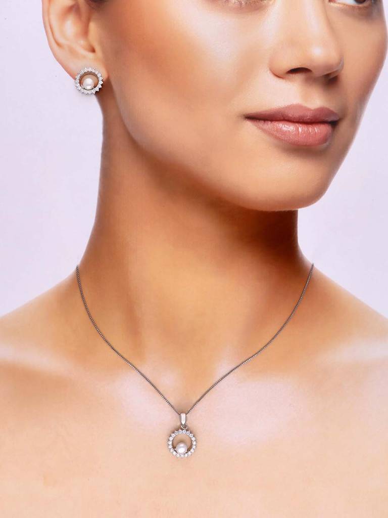 Sterling Dainty Diamante Pearl Pendant With Chain & Earrings Set : PSCP78-S-NA