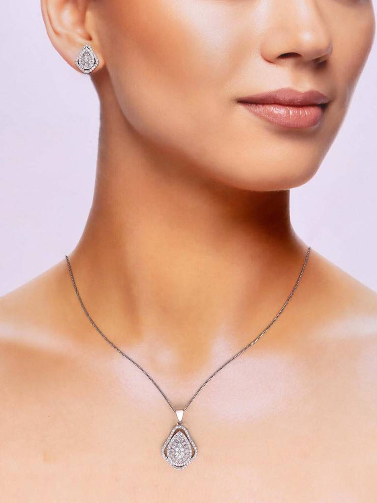 Sterling Glamour Zircon Pendant With Chain & Earrings Set : PSCP86-S-NA