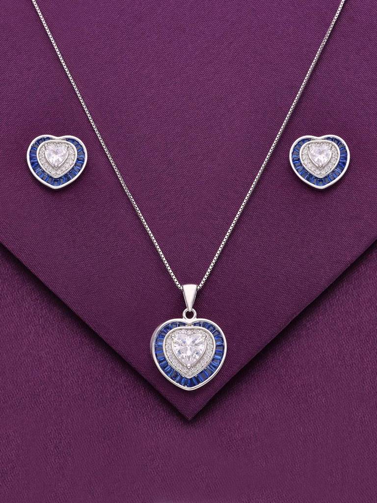 Sterling Royal Blue Diamond Heart Earrings & Pendant With Chain Set : PSCP88-S-NA