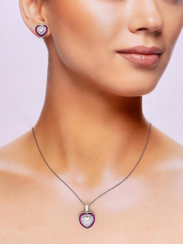 Sterling Royal Pink Diamond Heart Earrings & Pendant With Chain Set : PSCP89-S-NA