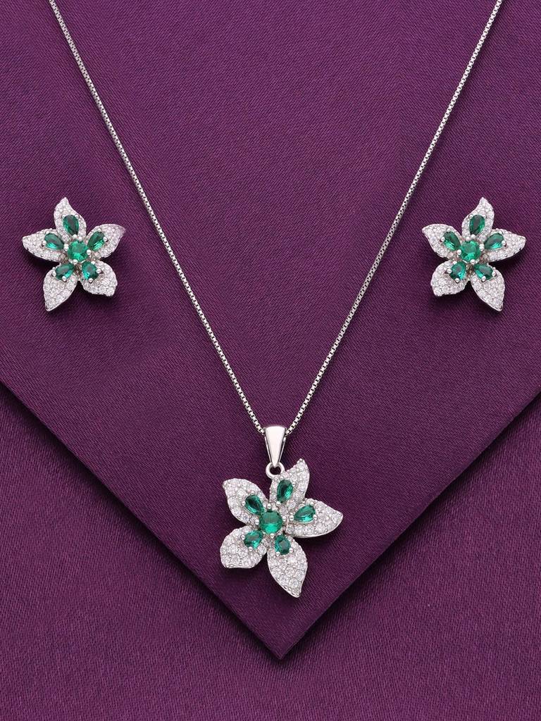 Sterling Shimmering Blossoms Zircon Pendant With Chain & Earrings Set : PSCP92-S-NA