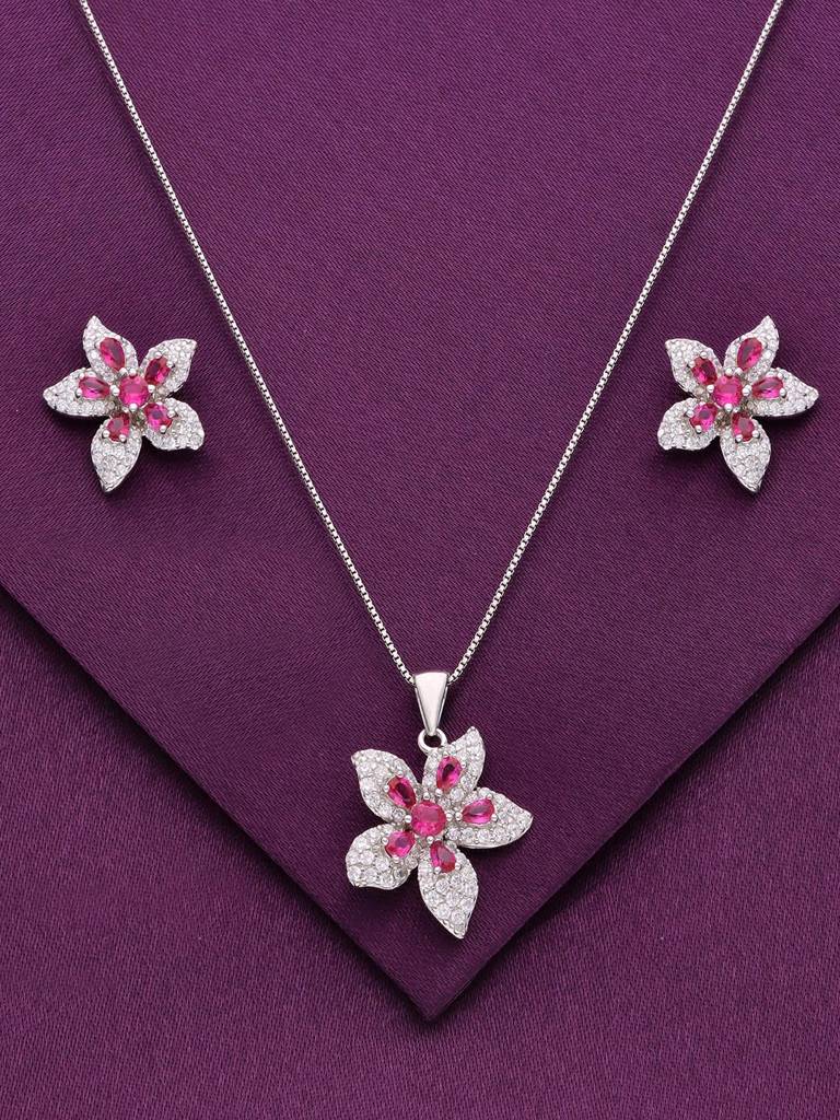 Sterling Shimmering Green Blossoms Zircon Pendant With Chain & Earrings Set : PSCP93-S-NA