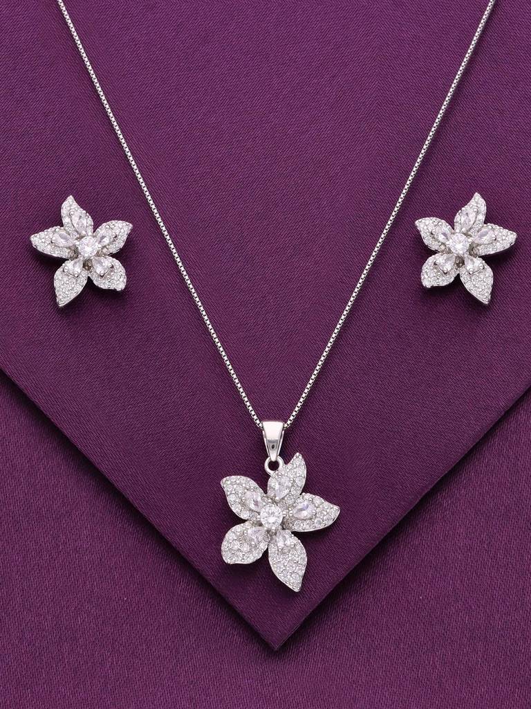 Sterling Shimmering Pink Blossoms Zircon Pendant With Chain & Earrings Set : PSCP94-S-NA