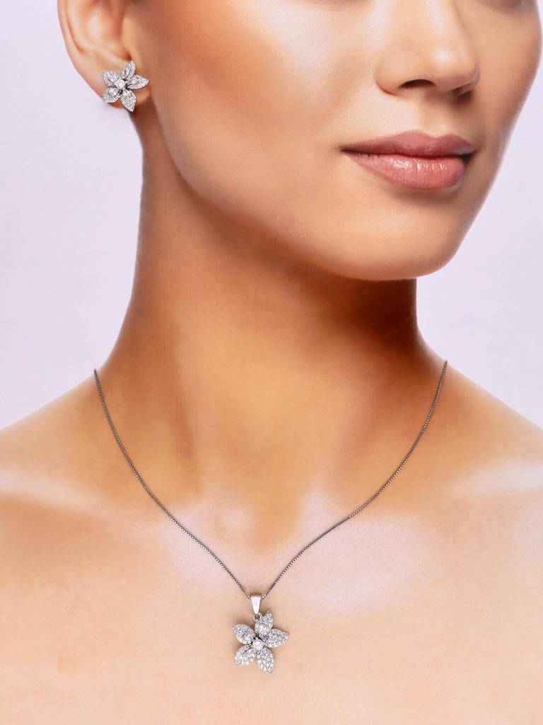 Sterling Shimmering Pink Blossoms Zircon Pendant With Chain & Earrings Set : PSCP94-S-NA