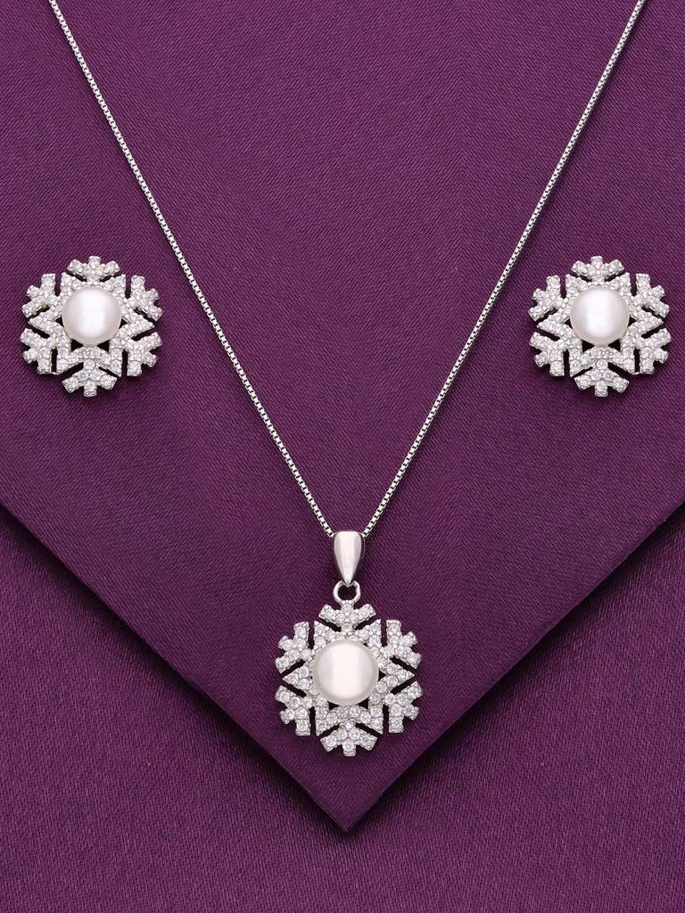Sterling Snowflake Diamond & Pearl Pendant With Chain & Earrings Set : PSCP98-S-NA