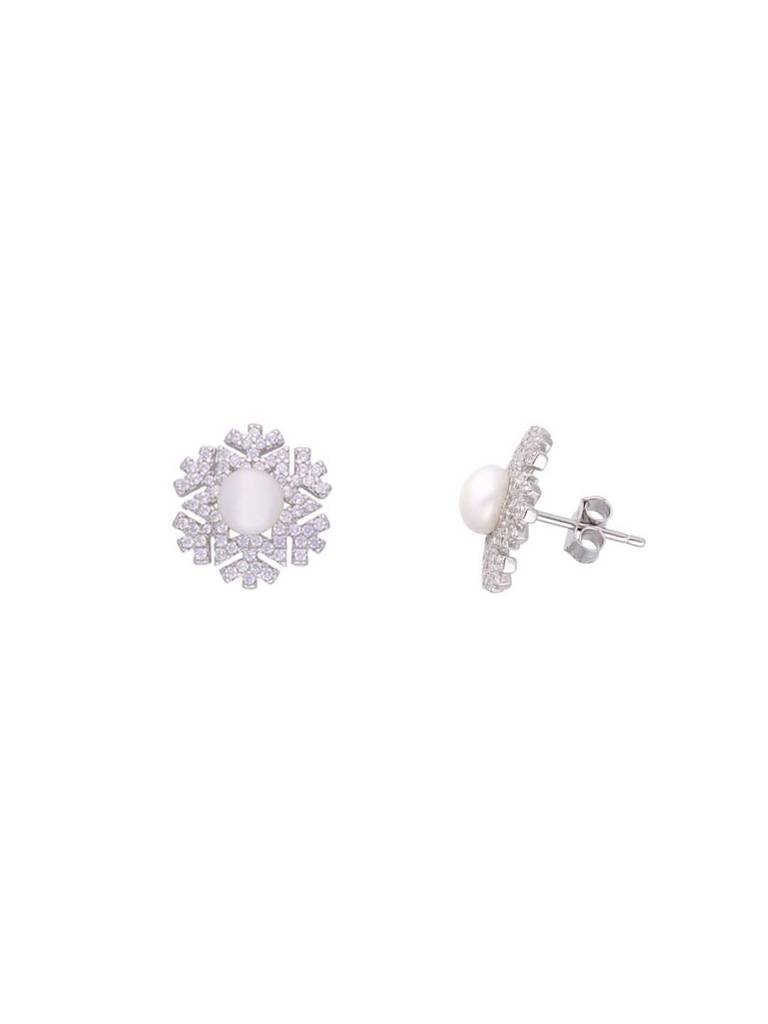 Sterling Snowflake Diamond & Pearl Pendant With Chain & Earrings Set : PSCP98-S-NA