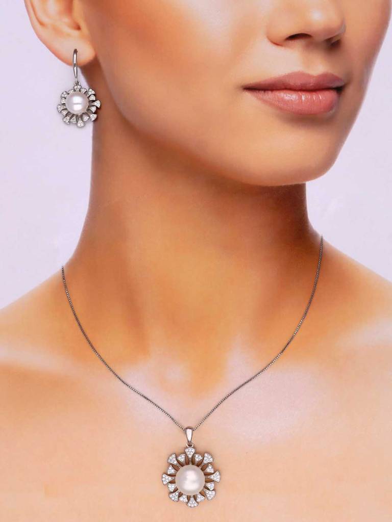 Sterling Precious Pearl Diamond Flare Pendant With Chain & Earrings Set : PSST115-S-NA