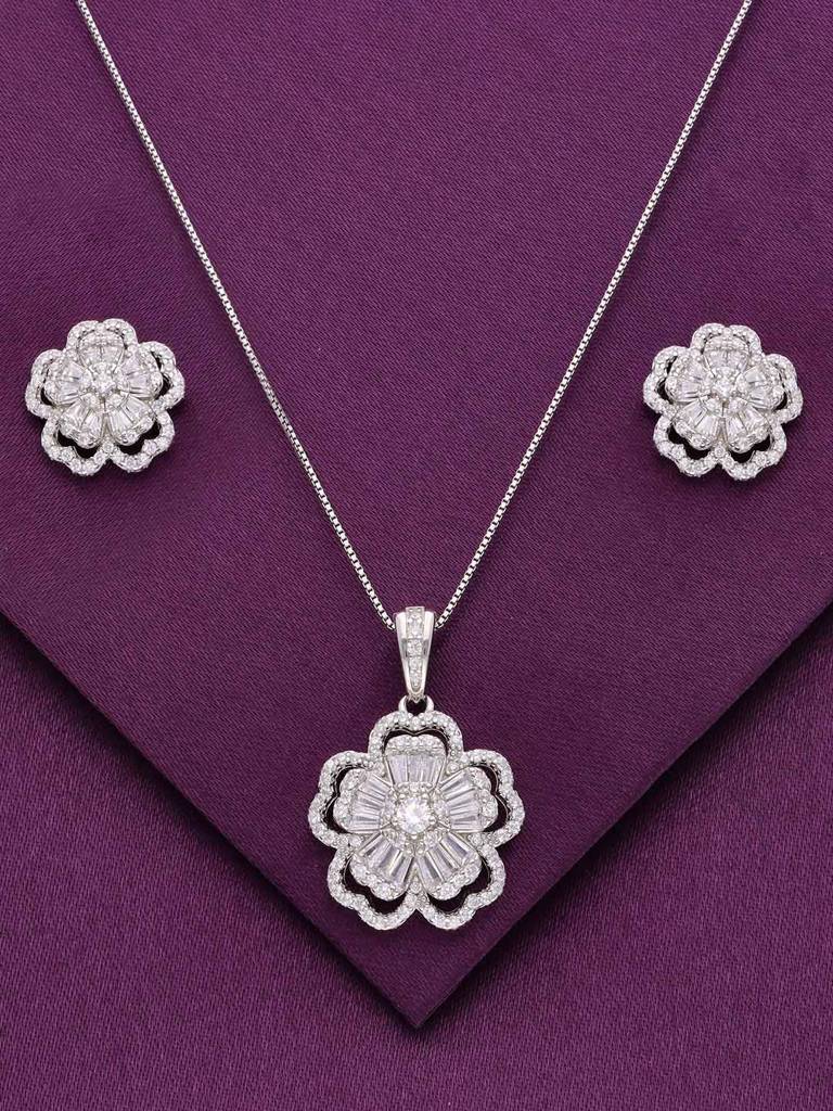 Sterling Floral Zircon Pendant With Chain & Earrings Set : PSST120-S-NA