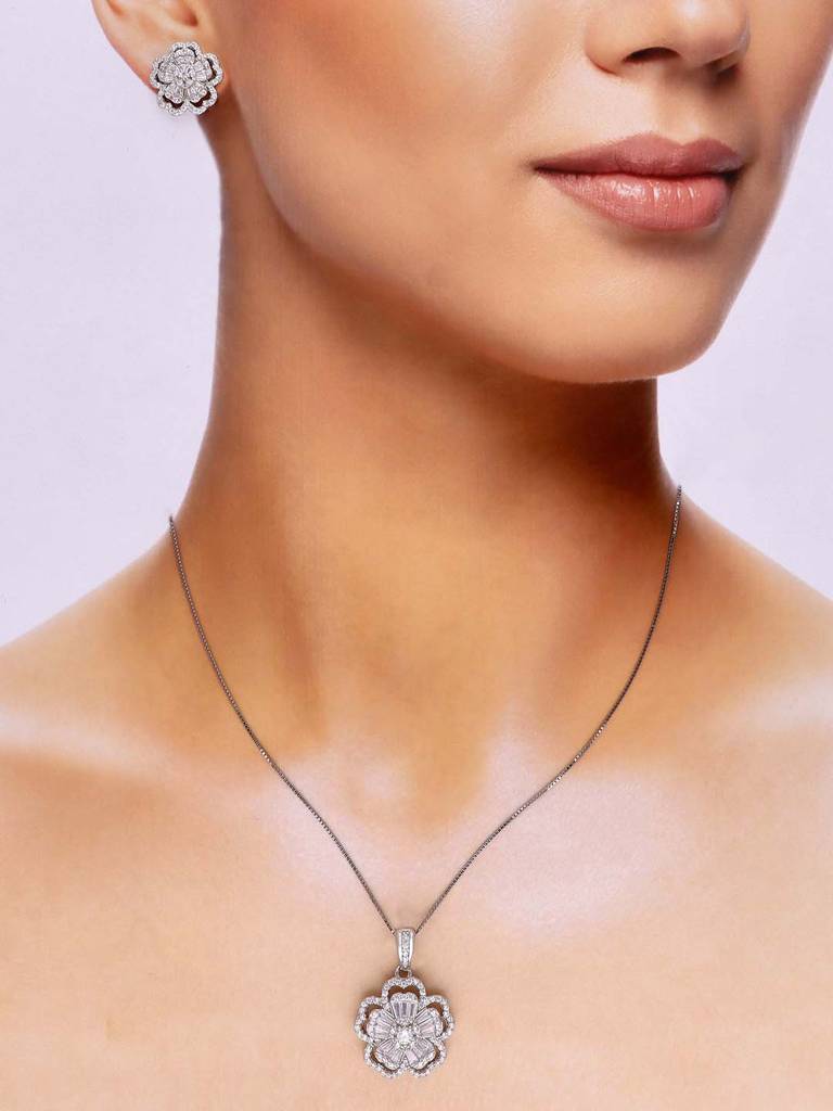Sterling Floral Zircon Pendant With Chain & Earrings Set : PSST120-S-NA