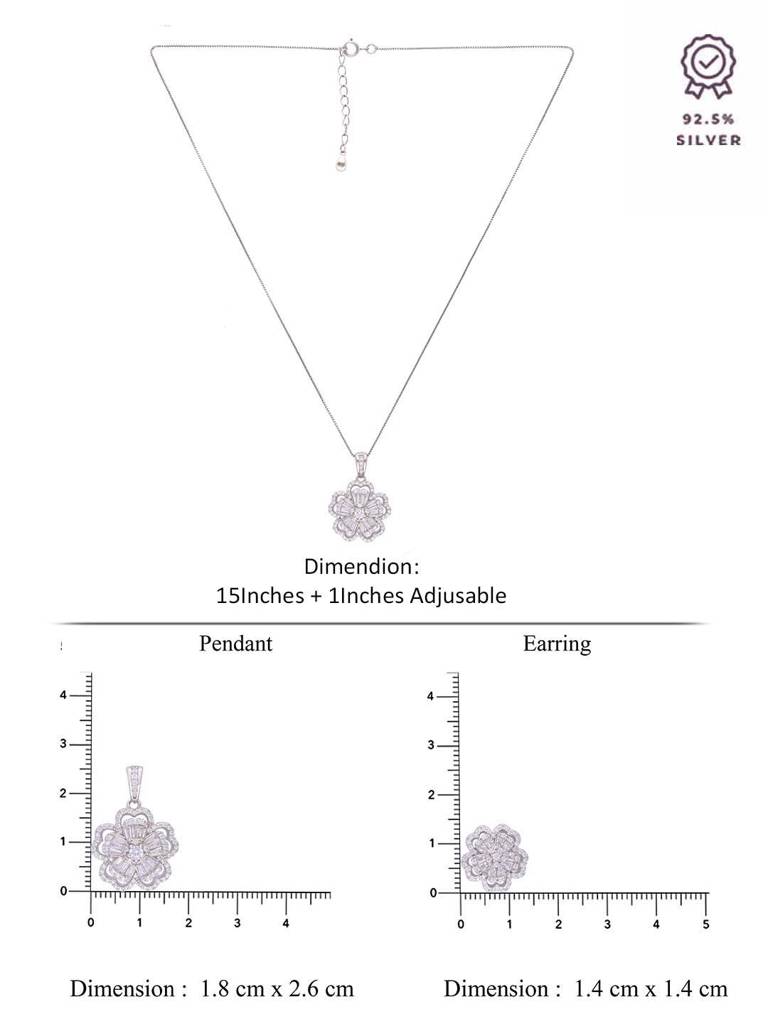 Sterling Floral Zircon Pendant With Chain & Earrings Set : PSST120-S-NA