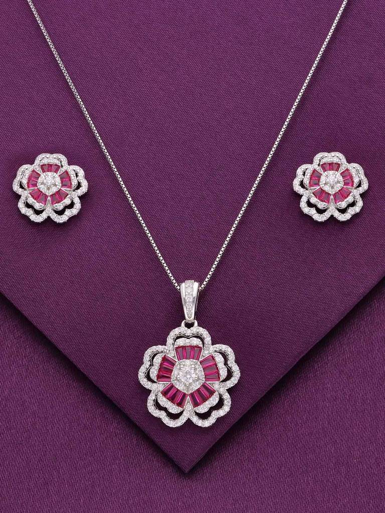 Sterling Pink Floral Zircon Pendant With Chain & Earrings Set : PSST121-S-NA