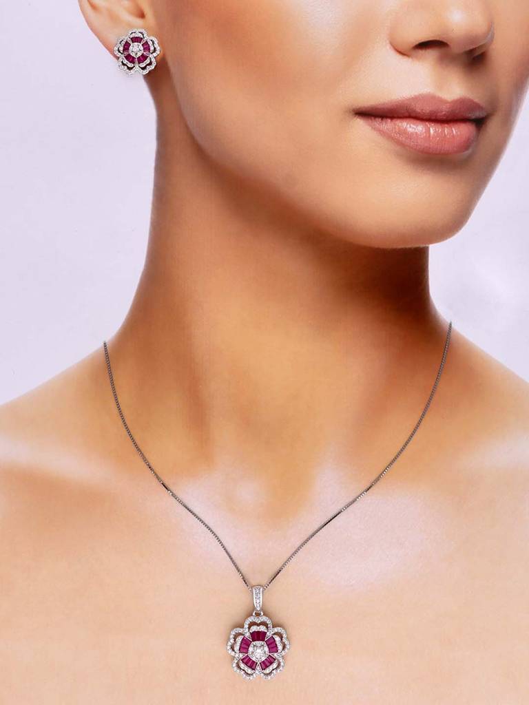 Sterling Pink Floral Zircon Pendant With Chain & Earrings Set : PSST121-S-NA