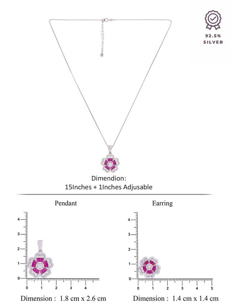 Sterling Pink Floral Zircon Pendant With Chain & Earrings Set : PSST121-S-NA