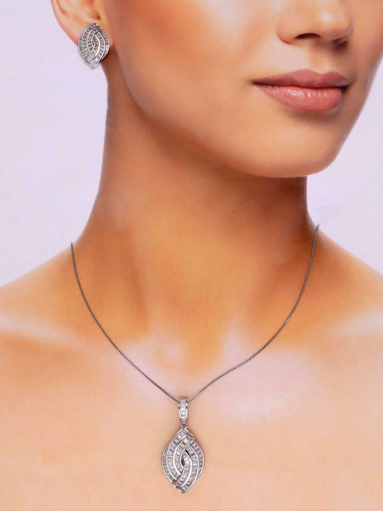Sterling Zircon Tear Drop Pendant With Chain & Earrings Set : PSST123-S-NA
