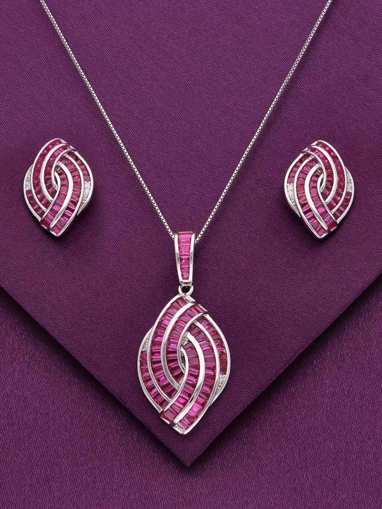 Sterling Pink Zircon Tear Drop Pendant With Chain & Earrings Set : PSST124-S-NA