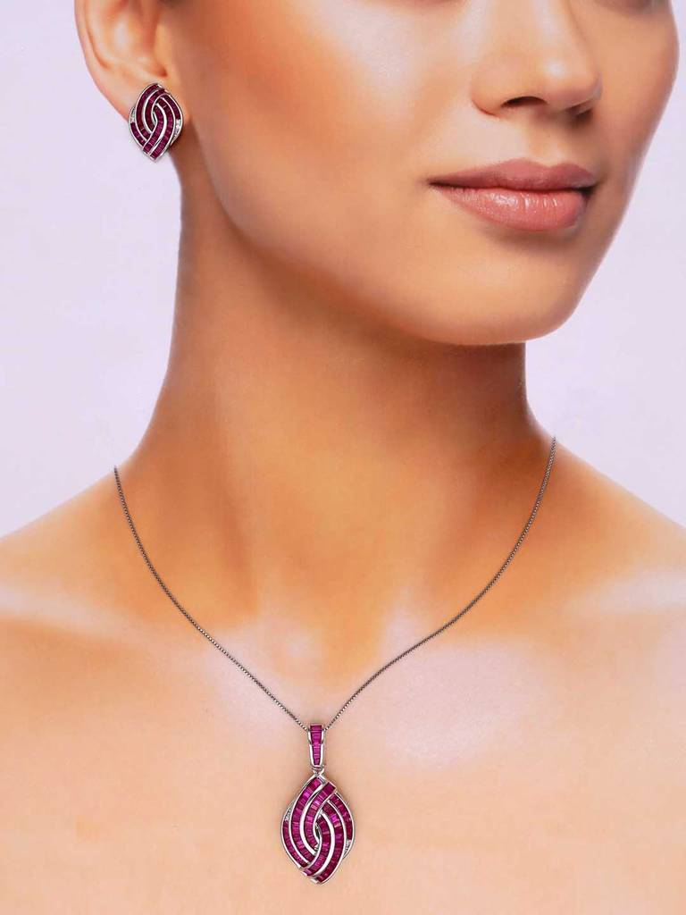 Sterling Pink Zircon Tear Drop Pendant With Chain & Earrings Set : PSST124-S-NA