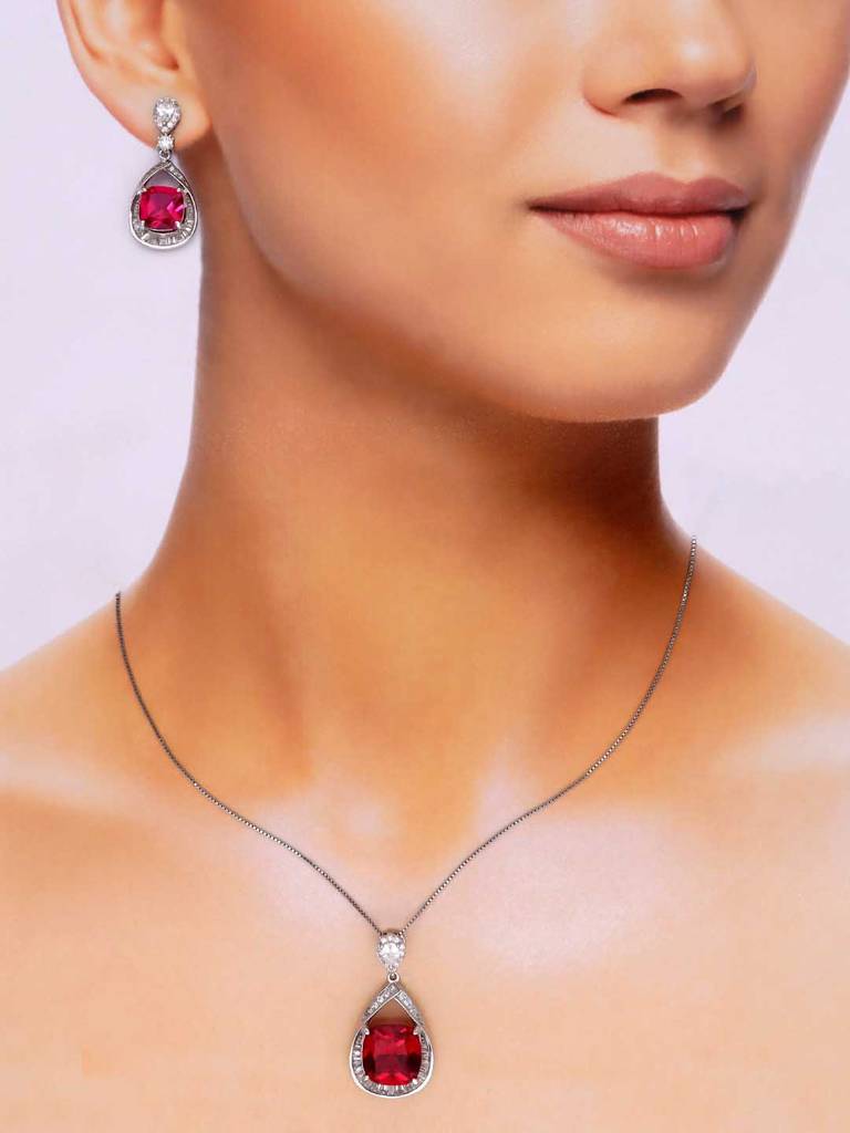 Sterling Stylish Drop Cut Pink Pendant With Chain & Earrings Set : PSST132-S-NA