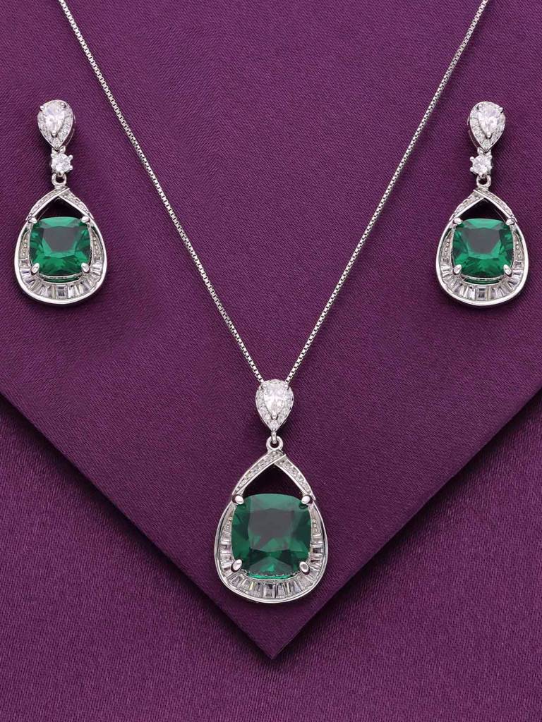 Sterling Stylish Green Drop Cut Pink Pendant With Chain & Earrings Set : PSST133-S-NA