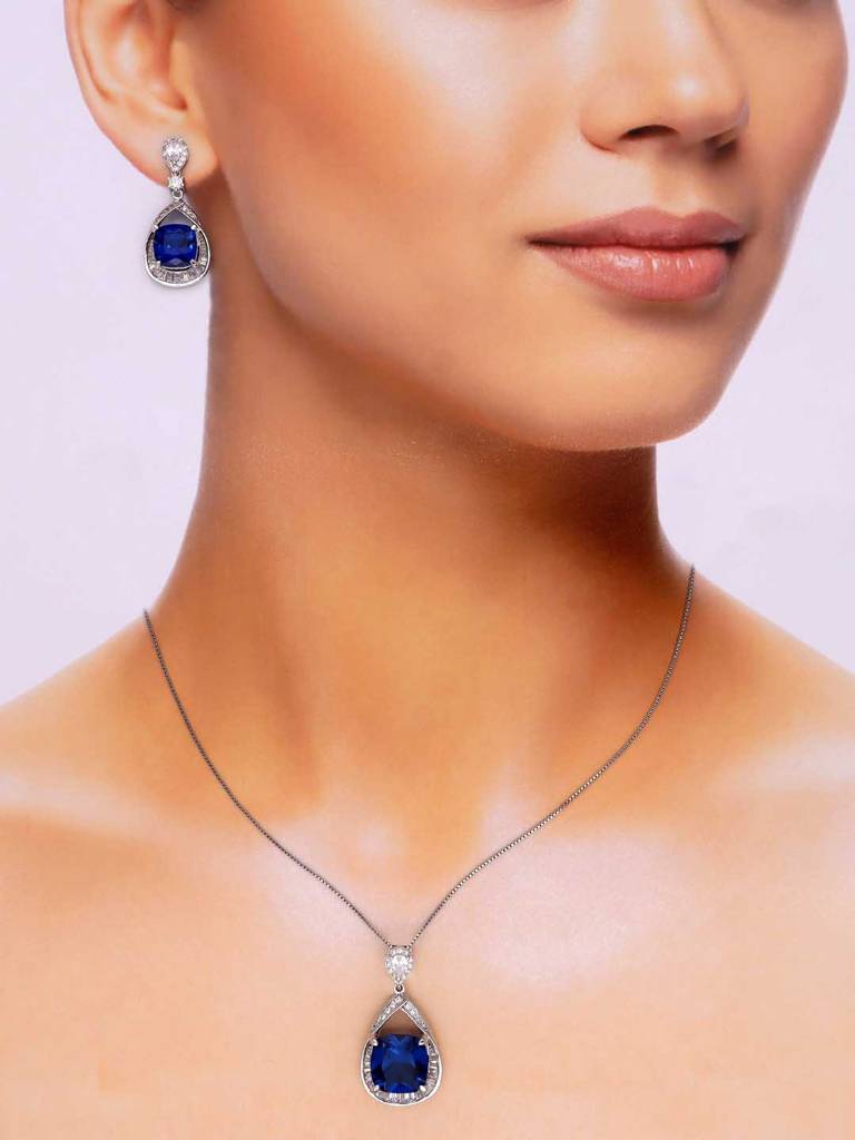 Sterling Stylish Blue Drop Cut Pink Pendant With Chain & Earrings Set : PSST134-S-NA
