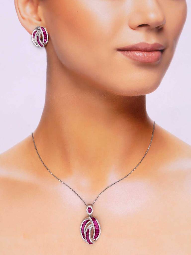 Sterling Sterling Pink Crystal Pendant With Chain & Earrings Set : PSST147-S-NA